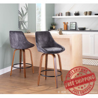 Lumisource B26-DIANA GRTQ WLVGY2 Diana Contemporary Counter Stool in Walnut Wood and Grey Velvet with Black Round Footrest - Set of 2